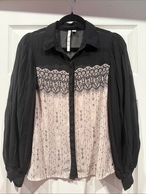 LC Lauren Conrad Black & Cream Button-Front Blouse